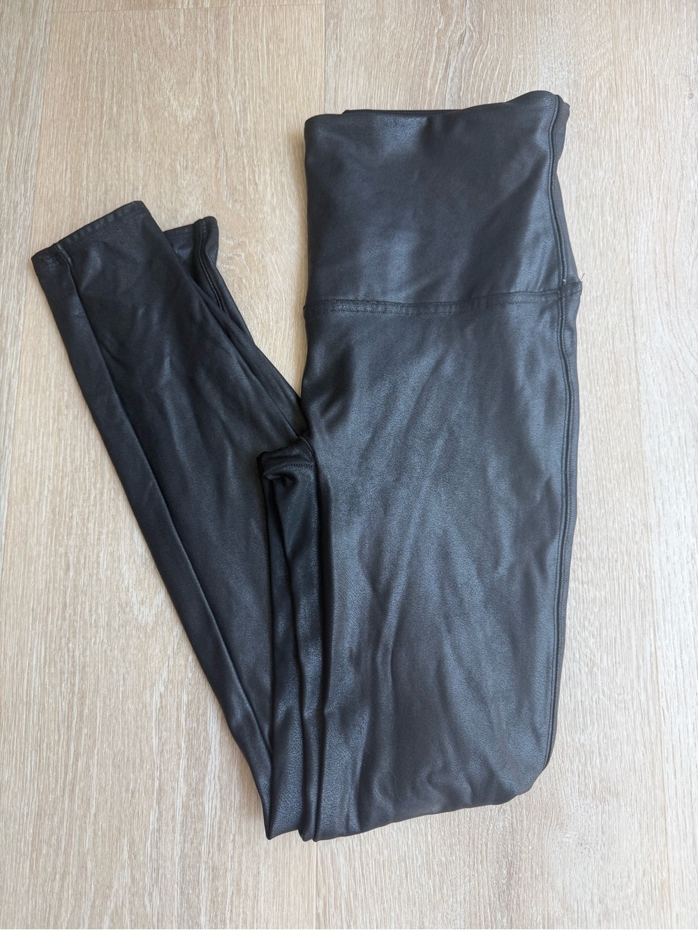 SPANX Black Faux-Leather Leggings with Branded Waist Tag